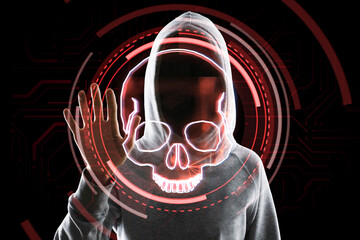 Poster - Hacker using digital red skull hologram on dark background. Ransomeware, virus and pirate threat concept. Double exposure.