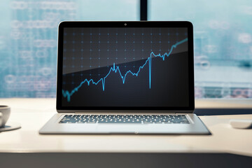 Wall Mural - Close up of workplace with laptop computer, coffee cup and growing blue financial forex chart on blurry window with city view background. Stock, economy, market and trade concept. 3D Rendering.