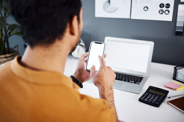 Poster - Man, phone and laptop with mockup screen for finance, budget research or accounting at office desk. Hand of financial male accountant working on mobile smartphone and computer display with copy space