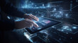 © MyPixelArtStudios - Data science, digital technology concept. Software engineer manager using digital tablet with internet network connection, data center as background, futuristic technology