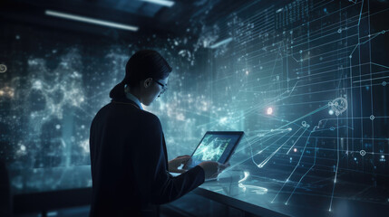 Data science, digital technology concept. Software engineer manager using digital tablet with internet network connection, data center as background, futuristic technology