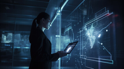 Wall Mural - Data science, digital technology concept. Software engineer manager using digital tablet with internet network connection, data center as background, futuristic technology