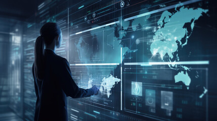 Data science, digital technology concept. Software engineer manager using digital tablet with internet network connection, data center as background, futuristic technology