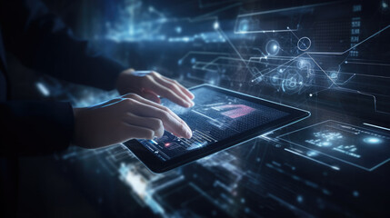 Data science, digital technology concept. Software engineer manager using digital tablet with internet network connection, data center as background, futuristic technology