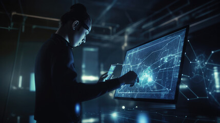 Data science, digital technology concept. Software engineer manager using digital tablet with internet network connection, data center as background, futuristic technology