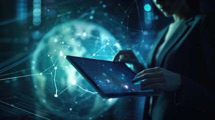 Data science, digital technology concept. Software engineer manager using digital tablet with internet network connection, data center as background, futuristic technology