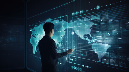 Data science, digital technology concept. Software engineer manager using digital tablet with internet network connection, data center as background, futuristic technology
