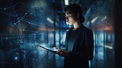 Data science, digital technology concept. Software engineer manager using digital tablet with internet network connection, data center as background, futuristic technology