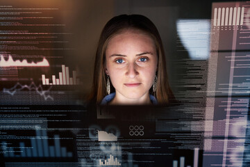 Leinwandbilder - Woman, face and futuristic with data analytics, coding and digital overlay, stock market dashboard and technology abstract. Trading, IT and fintech, female trader work night and graph on stocks app