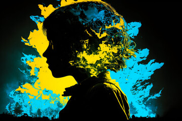 Wall Mural - Silhouette of person in front of blue and yellow background with the image of man's head. Generative AI.