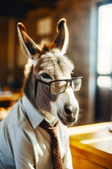 Sticker - Donkey wearing suit and tie with glasses on it's head. Generative AI.