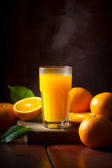 Poster - Glass of orange juice next to oranges on wooden table with steam rising from the top of the glass. Generative AI.