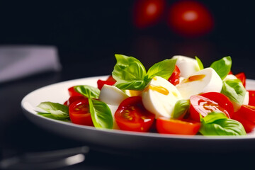 Sticker - Close up of plate of food with tomatoes and mozzarella. Generative AI.