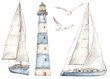 Watercolor sailboat, ship, yacht, seagulls, lighthouse, nautical set, for postcards, invitations