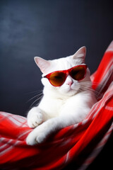 Sticker - White cat wearing red sunglasses on top of red and white blanket. Generative AI.