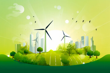 Wall Mural - Green landscape with windmills and birds flying over the trees and buildings. Generative AI.