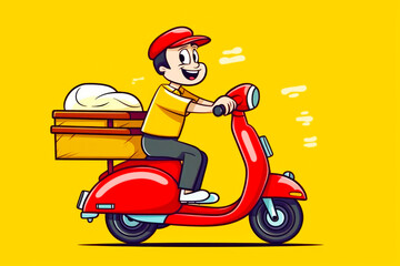 Poster - Man riding red scooter with tray of bread on the back. Generative AI.