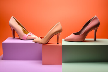 Pair of pink high heels sitting on top of block of colored blocks. Generative AI.