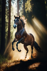 Wall Mural - Horse is galloping through the woods with the sun shining through the trees. Generative AI.