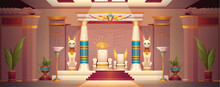 Ancient Egyptian Pharaoh Throne In Palace Interior. Egypt Temple Cartoon Background With God Statue And Mythology Ornament Illustration. Cat, Scarab And Gold Eye Symbol Near King Inside Pyramid.