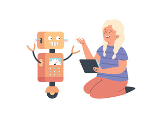 Wall Mural - smart kid girl communicating with robotic toy flat vector illustration isolated.