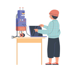Wall Mural - child learns to control robots through computer software, flat vector isolated.