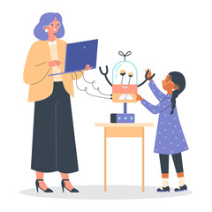 Wall Mural - child presents a robot in school projects competition, flat vector isolated.