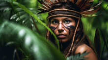 Close Portrait Of A Savage Amazon Tribe Woman In The Jungle. Generative AI