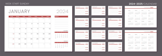 Wall Mural - 2024 - 2025 Calendar Planner Template. Vector layout of a wall or desk simple calendar with week start sunday. Set of monthly and annual page calendar in minimalist corporate design for print.