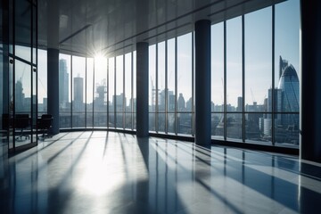 Wall Mural - empty room with panoramic window and city view, business concept. Generative AI