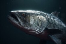 Realistic Illustration Of A Large Tarpon Fish Against A Deep Background. Generative AI