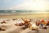 Fototapeta Łazienka - Beautifull shells on the sand beach. Generative AI
