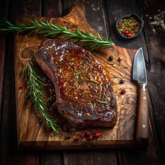 Wall Mural - juicy grilled steak with herbs and spices on rustic cutting board. Barbecue