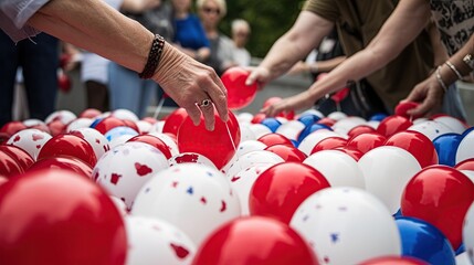  A group of people lay red, white, and blue balloons, independence day, 4th of July, generative ai