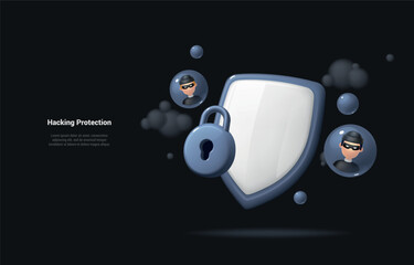 Hacking protection concept. Realistic 3d shield and lock protection with icons of hackers faces near. The concept of protection of personal data. Landing page on dark background. Cartoon 3d style.