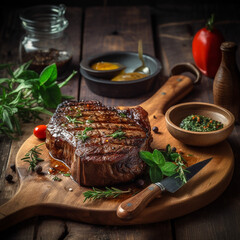 Wall Mural - juicy grilled steak with herbs and spices on rustic cutting board. Barbecue