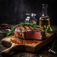 Wall Mural - juicy grilled steak with herbs and spices on rustic cutting board. Barbecue