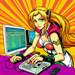 Wall Mural - pop art manga girl playing computer games generative AI