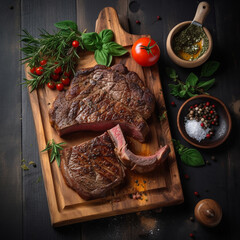 Wall Mural - juicy grilled steak with herbs and spices on rustic cutting board. Barbecue