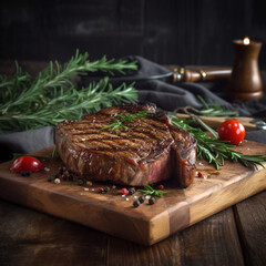 Poster - juicy grilled steak with herbs and spices on rustic cutting board. Barbecue