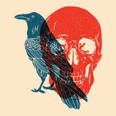 Raven and skull. Colorful cute screen printing effect. Riso print effect. Vector illustration. Graphic element  for fabric, textile, clothing, wrapping paper, wallpaper, poster. 