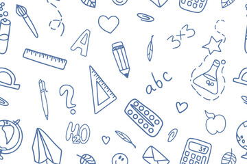 School education. Seamless pattern with doodles. Let's go back to the school drawing of doodles.Paper background, suitable for printing on fabric, wrapper. Vector illustration
