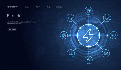 Electric power symbol, lightning bolt sign with icons glowing, green renewable energy concept, futuristic technology with turquoise neon for website, mobile app. vector design.