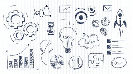 Set of hand drawn start up. Light bulb, graphs, charts and rocket on checkered paper. Innovation and business idea and insights. Linear flat vector illustrations isolated on white background