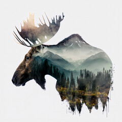 double exposure art of a moose with a mountain landscape