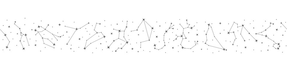 Twelve zodiac constellations, connected stars trendy astrology seamless pattern. Constellations of stars repeating print for packaging, cover, wrapping paper horizontal vector illustration