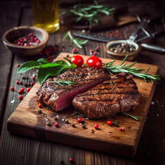 Wall Mural - juicy grilled steak with herbs and spices on rustic cutting board. Barbecue