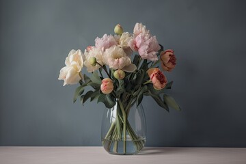 Wall Mural - bouquet of pastel flowers in minimalist glass vase, created with generative ai