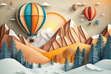 Hot air balloon over the mountains,  paper craft art or origami style for baby nursery, children design.Generative ai.