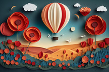Hot Air Balloon Over Poppy Field,  Paper Craft Art Or Origami Style For Baby Nursery, Children Design.Generative Ai.